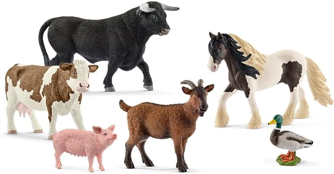 Schleich Farm World Farm Animals Horse, Cow, Bull, Goat, Duck and Pig Figurine Playset - 6-Piece Realistic and Durable Animal Figurines, Gift for Kids and Toddlers Ages 3+ - Figurio