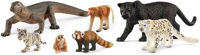 Schleich Wild Life Realistic Asian Animal Figurine Set - 7-Piece Jungle Animals Playset with Multicolor Animal Figurines Including Jaguar, Komodo Dragon, Red Panda and More, Gift for Kids Age 3+ - Figurio