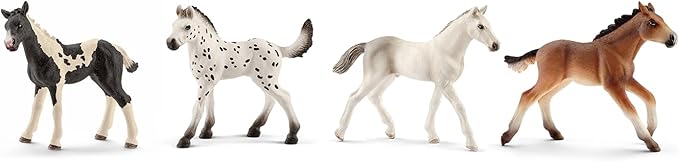 Schleich Horse Club 4-Piece Horse Foal Collector Set for Girls and Boys Ages 5+, Including Pinto, Knabstrupper, Mustang, and Holsteiner Foal Toy Baby Horse Figurines, Horse Gifts for Kids Ages 5+ - Figurio