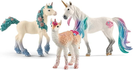 Schleich bayala Unicorn Figurines Set with 3 Fairy & Unicorn Toys Including a Magical Llamacorn, Flower Unicorn Toy Foal & Sea Toy Unicorn for Girls Ages 5+ - Figurio