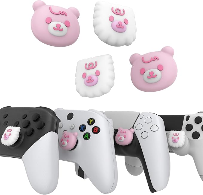 PlayVital Cute Thumb Grip Caps for ps5/4 Controller, Silicone Analog Stick Caps Cover for Xbox Series X/S, Thumbstick Caps for Switch Pro Controller - Cute Bear White & Pink - Figurio