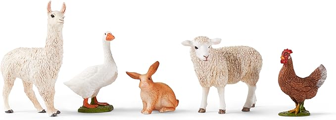 Schleich Farm World 5-Piece Farm Animal Toy Set Including Cute Llama, Rabbit, Sheep, Hen and Goose Animal Toys for Toddlers & Kids Ages 3+ - Figurio