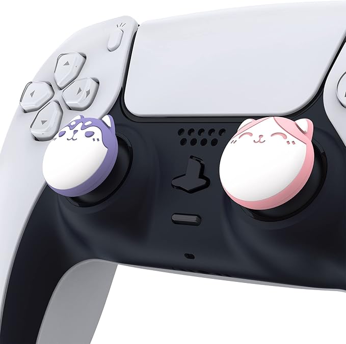 PlayVital Husky & Kitty Cute Thumb Grip Caps for PS5/4 Controller, Silicone Analog Stick Caps Cover for Xbox Series X/S, Thumbstick Caps for Switch Pro Controller - Pale Red & Light Violet - Figurio