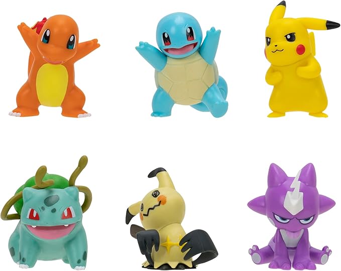 Pokémon Battle Figure 6 Pack-Features 2-Inch Pikachu, Squirtle, Charmander, Bulbasaur, Mimikyu & Toxel-Authentic Details - Figurio