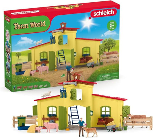 Schleich Farm World Animal Farm Playset with Figurine and Accessories - 92pc Kids Animal Farm Playset with Cow, Horse, Pig, Bull, and Accessories for Boys and Girls, Gift for Kids Age 3+, Yellow - Figurio