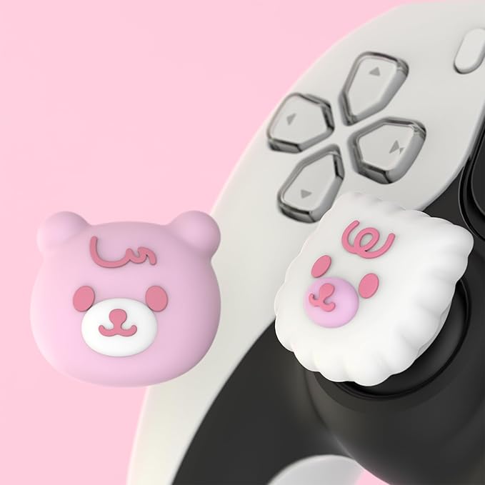 PlayVital Cute Thumb Grip Caps for ps5/4 Controller, Silicone Analog Stick Caps Cover for Xbox Series X/S, Thumbstick Caps for Switch Pro Controller - Cute Bear White & Pink - Figurio