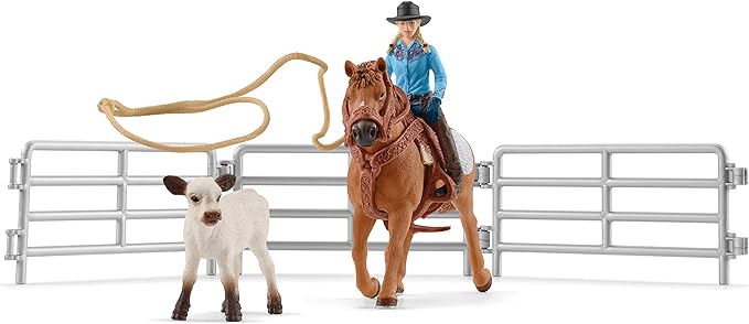 Schleich Farm World Rodeo Roping Playset - Cowgirl Rodeo Rider Figurine with Cow, Pen, and Rope, Realistic Western Rodeo Farm Toys and Accessories, 9-Piece Kids Toy for Boys and Girls - Figurio