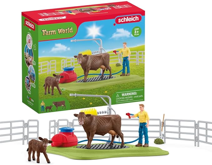 Schleich Farm World, Farm Animal Toys for Kids, Happy Cow Wash with Cow Toys and Working Wash Area 16-Piece Set, Ages 3+ - Figurio