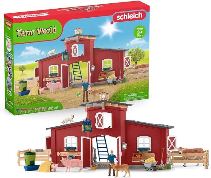 Schleich Farm World Animal Farm Playset with Figurine and Accessories - 92pc Kids Animal Farm Playset with Cow, Horse, Pig, Bull, and Accessories for Boys and Girls, Gift for Kids Age 3+, Red - Figurio