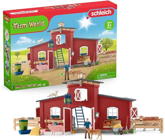 Schleich Farm World Animal Farm Playset with Figurine and Accessories - 92pc Kids Animal Farm Playset with Cow, Horse, Pig, Bull, and Accessories for Boys and Girls, Gift for Kids Age 3+, Red - Figurio