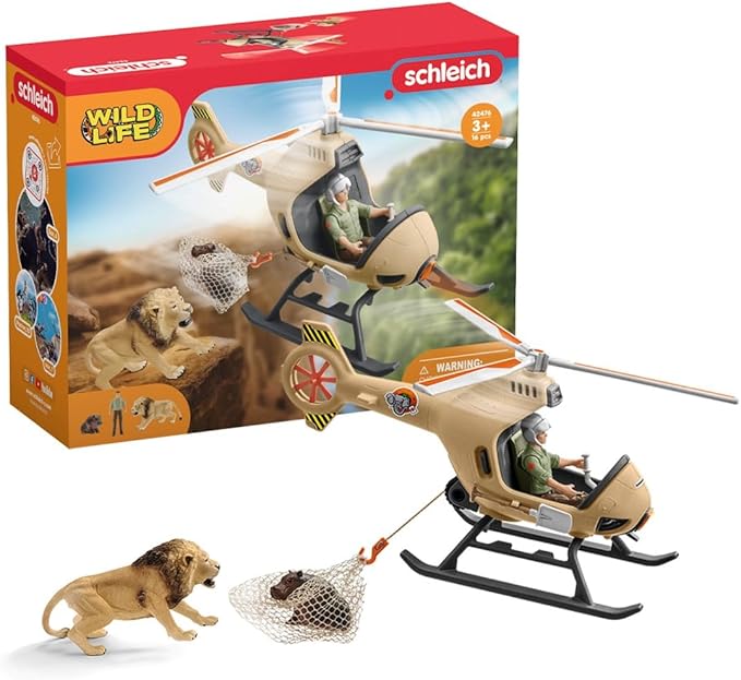 Schleich Wild Life 8pc. Animal Rescue Helicopter Playset with Lion and Hippo Figurines - Highly Detailed Wild Animal Playset, Durable for Education and Fun Play, Perfect for Boys and Girls, Ages 3+ - Figurio