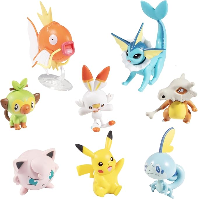 Pokemon Battle Ready! Figure Set, 8 Pieces - Playset with 2 & 3 inch Figures Pikachu, Scorbunny, Grookey, Sobble, Jigglypuff, Cubone, Vaporeon & Magikarp - Gift for Kids, Boys, Girls - Ages 4+ - Figurio