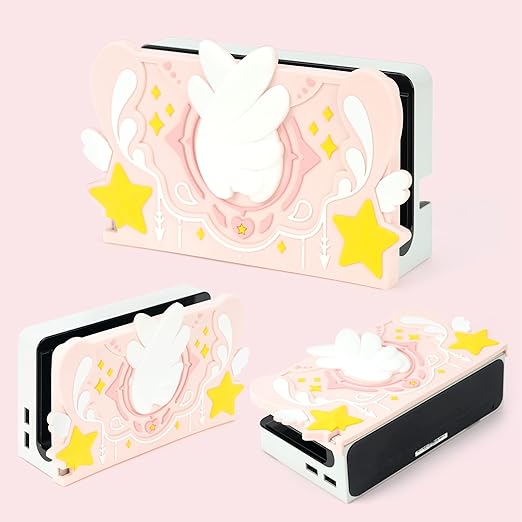 GeekShare Soft Silicone Faceplate Cover for Nintendo Switch/OLED Charging Dock, Anti-Scratch Dock Cover- Star Wings Series (Pink) - Figurio