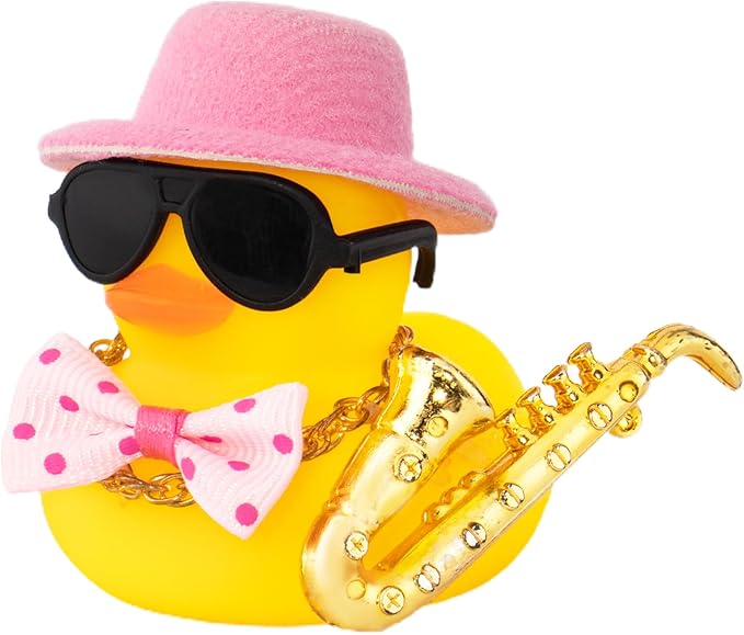 wonuu Rubber Duck Car Ornaments Cute Car Accessories for Duck Car Dashboard Decorations with Bow Tie TOP Hat Necklace and Musical Instruments, Pink hat&tie - Figurio