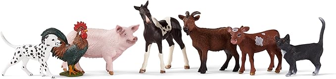 Schleich Farm World 7-Piece Farm Animal Gift Set Including Dalmatian, Cat, Pig, Goat, Rooster, Texas Longhorn Calf and Pinto Foal Animal Toys - Figurio