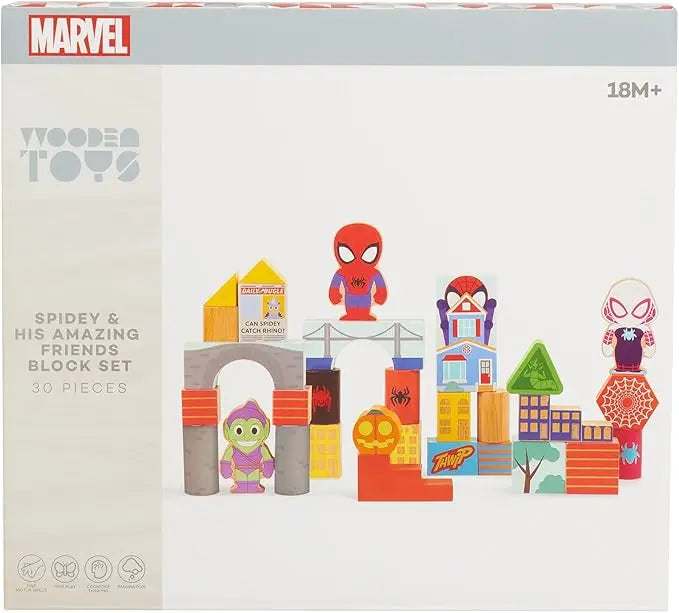 Just Play Disney Marvel Wooden Toys Spidey and His Amazing Friends 30-piece Building Blocks Set, Officially Licensed Kids Toys for Ages 18 Month - Figurio