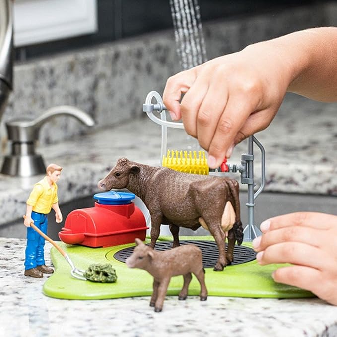 Schleich Farm World, Farm Animal Toys for Kids, Happy Cow Wash with Cow Toys and Working Wash Area 16-Piece Set, Ages 3+ - Figurio