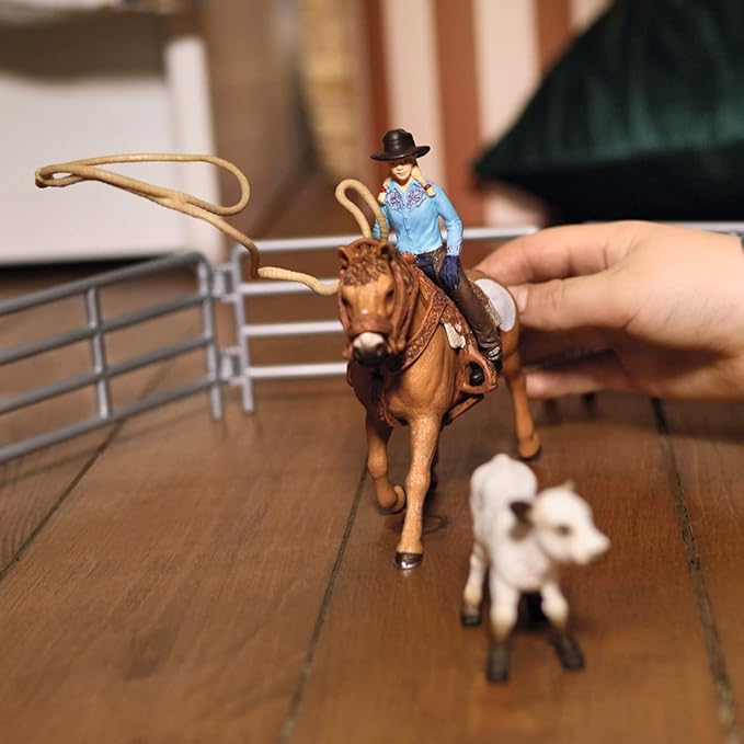 Schleich Farm World Rodeo Roping Playset - Cowgirl Rodeo Rider Figurine with Cow, Pen, and Rope, Realistic Western Rodeo Farm Toys and Accessories, 9-Piece Kids Toy for Boys and Girls - Figurio