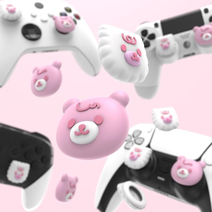 PlayVital Cute Thumb Grip Caps for ps5/4 Controller, Silicone Analog Stick Caps Cover for Xbox Series X/S, Thumbstick Caps for Switch Pro Controller - Cute Bear White & Pink - Figurio