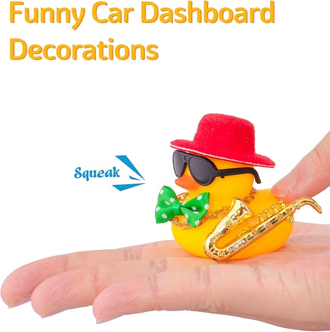 wonuu Rubber Duck Car Ornaments Cute Car Accessories for Duck Car Dashboard Decorations with Bow Tie TOP Hat Necklace and Musical Instruments, Red hat green tie - Figurio