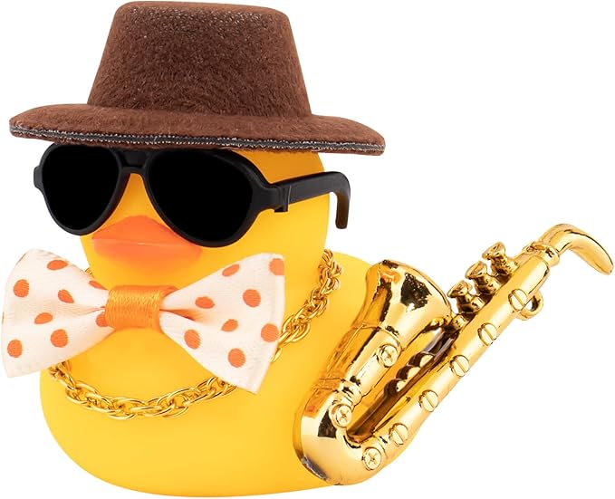 wonuu Rubber Duck Car Ornaments Cute Car Accessories for Duck Car Dashboard Decorations with Bow Tie TOP Hat Necklace and Musical Instruments, Brown - Figurio