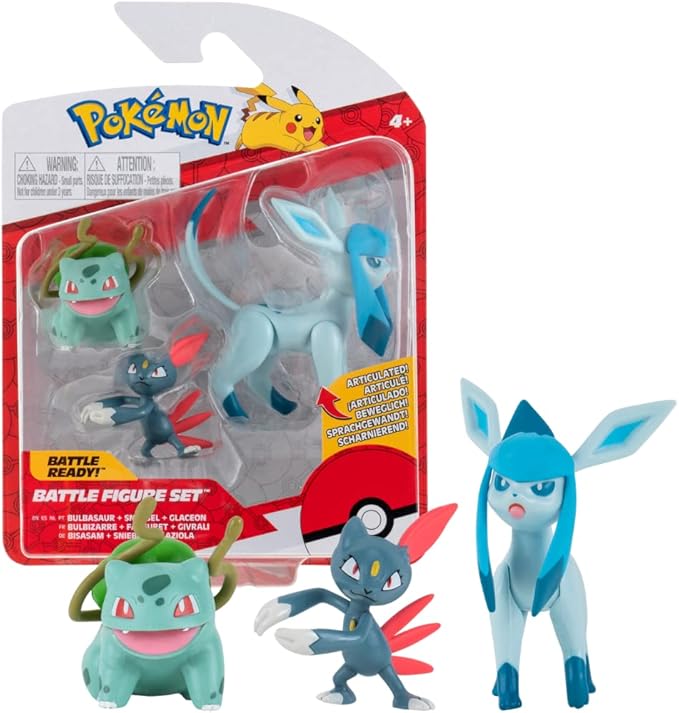 Pokèmon Pokemon PKW0179 3 Pack-Features 2 Bulbasaur, Sneasel & 3-Inch Glaceon Battle Figures-Authentic Details, Multi - Figurio