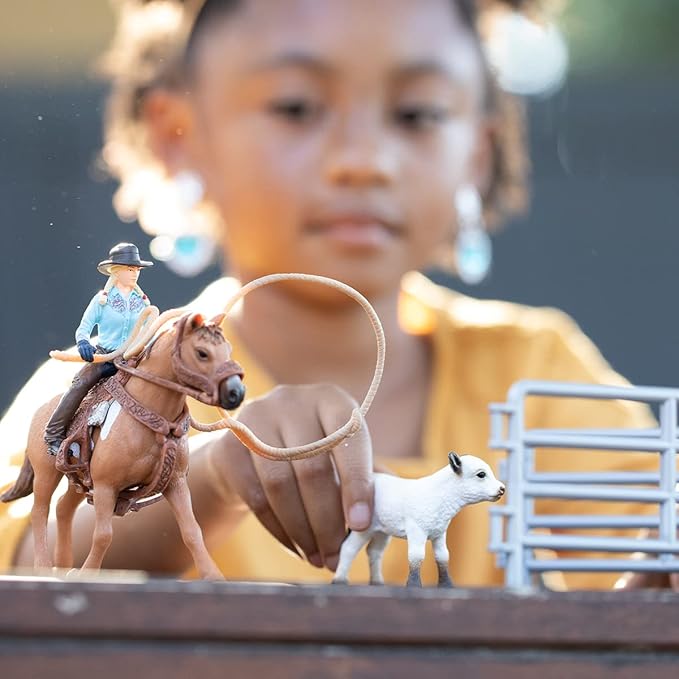 Schleich Farm World Rodeo Roping Playset - Cowgirl Rodeo Rider Figurine with Cow, Pen, and Rope, Realistic Western Rodeo Farm Toys and Accessories, 9-Piece Kids Toy for Boys and Girls - Figurio