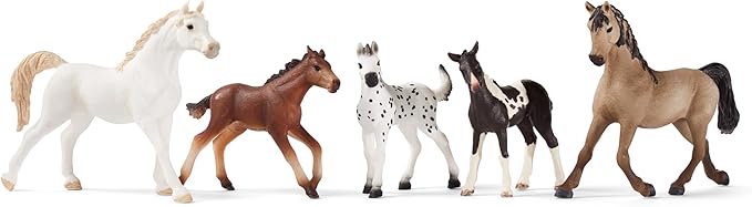 Schleich Horse Club 5-Piece Horse Collector Horse Gift Set for Girls and Boys Ages 5+, Including Pinto Foal, Knabstrupper Foal, Mustang Foal, Arab Mare and Pintabian Mare Toy Horse Figurines - Figurio