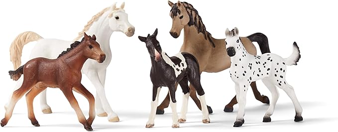 Schleich Horse Club 5-Piece Horse Collector Horse Gift Set for Girls and Boys Ages 5+, Including Pinto Foal, Knabstrupper Foal, Mustang Foal, Arab Mare and Pintabian Mare Toy Horse Figurines - Figurio