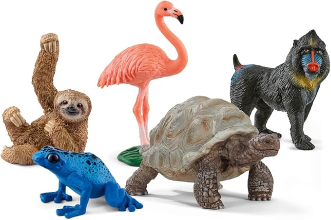 Schleich Wild Animals Realistic Animal Toys 5-Piece Exotic Animal Starter Set with Flamingo, Sloth, Poison Dart Frog, Giant Tortoise and Mandrills Animal Figurines - Figurio