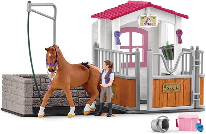 Schleich Horse Club 13-Piece Toy for Girls and Boys Ages 5+, Horse Wash Area with Stall (72177) Multi-Color - Figurio