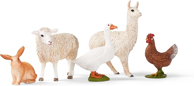 Schleich Farm World 5-Piece Farm Animal Toy Set Including Cute Llama, Rabbit, Sheep, Hen and Goose Animal Toys for Toddlers & Kids Ages 3+ - Figurio