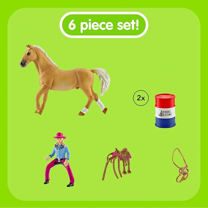 Schleich Cowgirl and Horse Rodeo Playset - Realistic Western Farm Animal Toys and Accessories, 6-Piece Kids Toy For Boys and Girls - Figurio