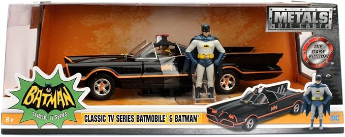 1966 Classic TV Series Batmobile 1:24 Die-Cast Car with 2.75" Batman and Robin Figures, Toys for Kids and Adults - Figurio