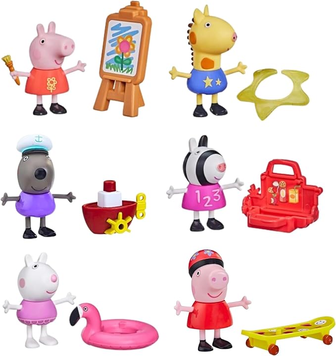 Hasbro Peppa Pig - 3" 8cm Poseable Articulated Figure & Accessory Sets - Set of All 6 Characters - Figurio