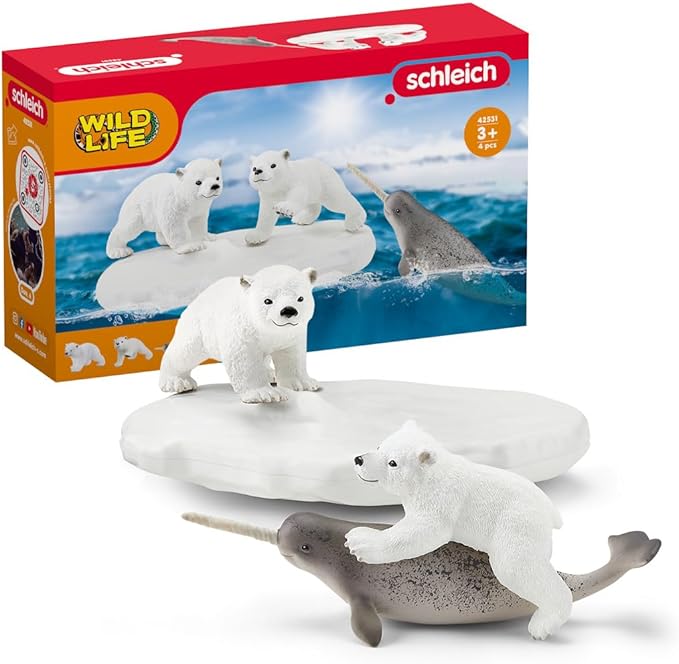 Schleich Wild Life 4pc. Polar Playground with Polar Bear Cub and Narwhal Figurines - Highly Detailed Polar Playset, Durable for Education and Fun Play, Perfect for Boys and Girls, Ages 3+ - Figurio