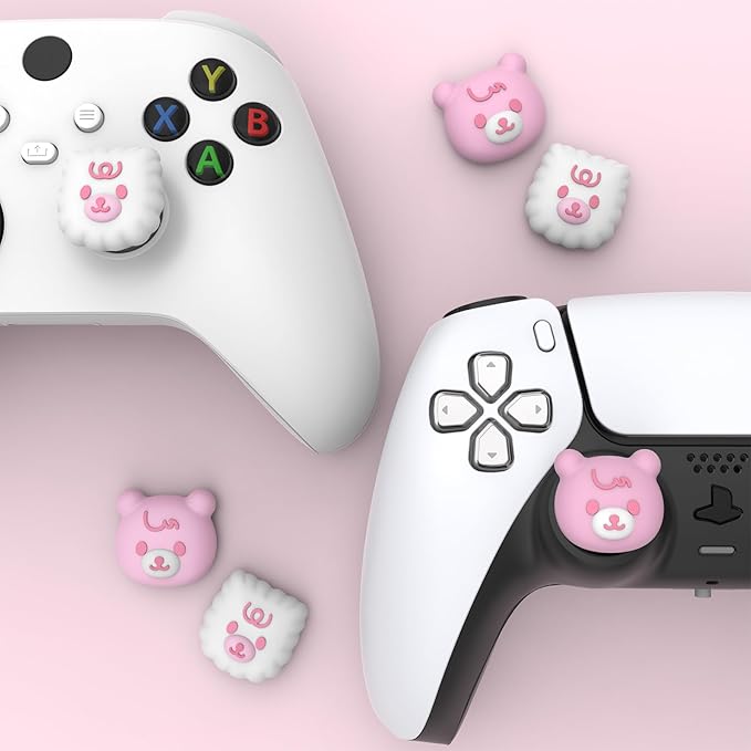 PlayVital Cute Thumb Grip Caps for ps5/4 Controller, Silicone Analog Stick Caps Cover for Xbox Series X/S, Thumbstick Caps for Switch Pro Controller - Cute Bear White & Pink - Figurio