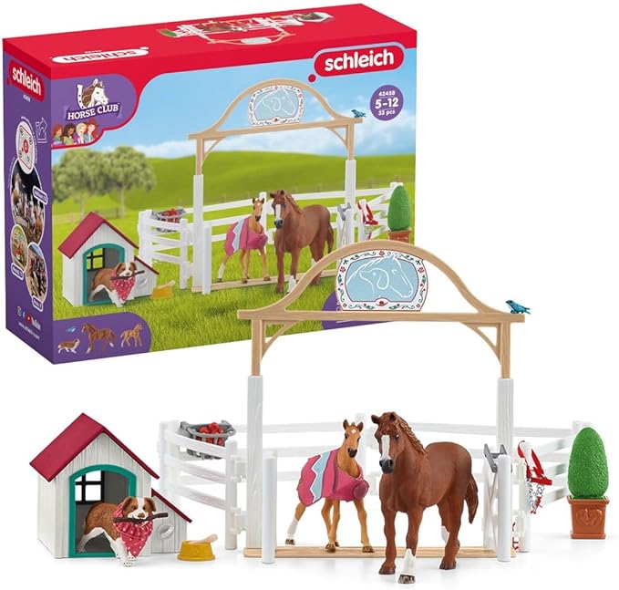 Schleich Horse Club — Hannah's Guest Horses Playset, 20-Piece Horse Stable Toy Set Including Mare, Foal, Hannah Doll and Dog Figurine, Horse Toys for Girls and Boys Ages 5+ - Figurio