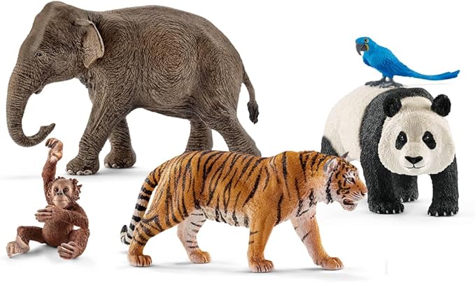 Schleich Wild Animal Toys 5-Piece Set of Realistic Animal Figurines Including Giant Panda, Tiger, Hyacinth Macaw, Orangutan Cub and Asian Elephant - Figurio