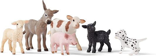 Schleich Farm World 6-Piece Baby Farm Animal Toy Gift Set including Donkey Foal, Lamb, Calf, Dalmatian Puppy and Goat Kid - Figurio