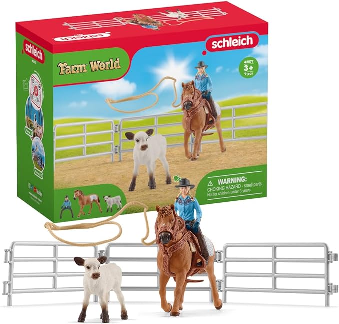 Schleich Farm World Rodeo Roping Playset - Cowgirl Rodeo Rider Figurine with Cow, Pen, and Rope, Realistic Western Rodeo Farm Toys and Accessories, 9-Piece Kids Toy for Boys and Girls - Figurio