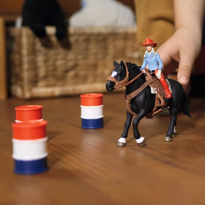 Schleich Farm World 3-Barrel Rodeo Racing Playset - Cowgirl Rodeo Racing Toy Set with Horse, Realistic Western Rodeo Farm Animal Toys and Accessories, 7-Piece Kids Toy for Boys and Girls - Figurio