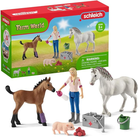 Schleich Farm World 9pc. Vet Visit Playset with Piglet, Mare, and Foal Horse Figurines - Detailed and Durable Farm Animal Toy Set, Fun and Educational Play for Boys and Girls, Gift for Kids Ages 3+ - Figurio