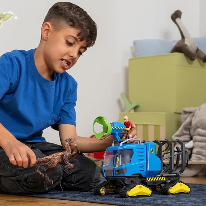 Schleich Dinosaurs Realistic Dakotaraptor and Truck with Scientist Figurine Playset - Jurassic Collection Dinosaur Action Figure and Vehicle with Scientist for Boys and Girls, Gift for Kids Age 4+ - Figurio