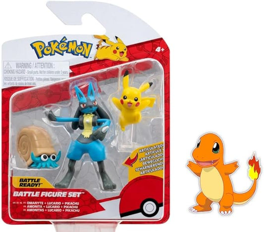 Pokemon Clip n Go Battle Feature Figure Multi-Pack Action Ready Pack Plus Bonus Sticker (Omanyte, Lucario and Pikachu) - Figurio