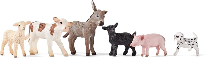 Schleich Farm World 6-Piece Baby Farm Animal Toy Gift Set including Donkey Foal, Lamb, Calf, Dalmatian Puppy and Goat Kid - Figurio