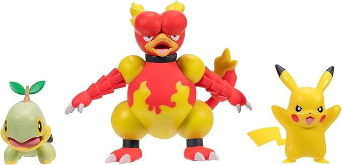 Pokémon BATTLE FIGURE 3 PACK - Features 2-Inch Turtwig, Pikachu and 3-Inch Magmar Battle Figures (PKW2681) - Figurio