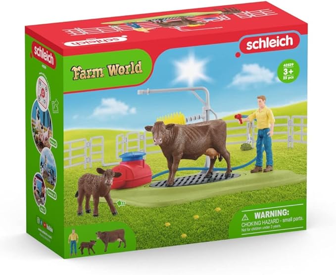 Schleich Farm World, Farm Animal Toys for Kids, Happy Cow Wash with Cow Toys and Working Wash Area 16-Piece Set, Ages 3+ - Figurio