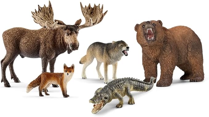 Schleich Wild Life, Realistic North American and Woodland Animal Toys for Kids, Animal Set with Moose, Grizzly Bear, Fox, Wolf and Alligator Toys, Ages 3+ - Figurio