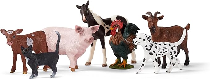 Schleich Farm World 7-Piece Farm Animal Gift Set Including Dalmatian, Cat, Pig, Goat, Rooster, Texas Longhorn Calf and Pinto Foal Animal Toys - Figurio